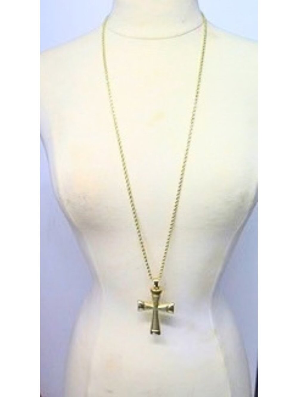 Gold Tone Large Cross Pendant Necklace Long Rope Style Chain